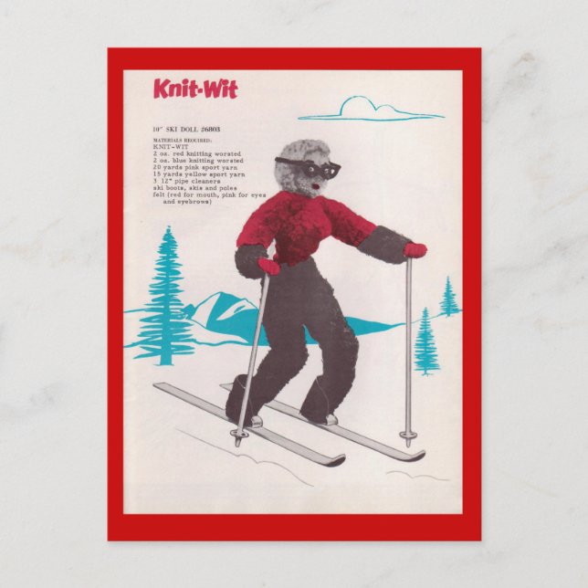 Vintage Wintersportarten, Ski Strick mit Spaß Postkarte (Vorderseite)