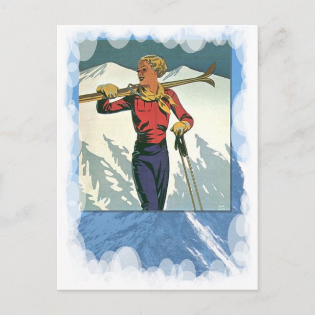 Vintage Wintersportarten - Skiausrüstung Postkarte (Vorderseite)