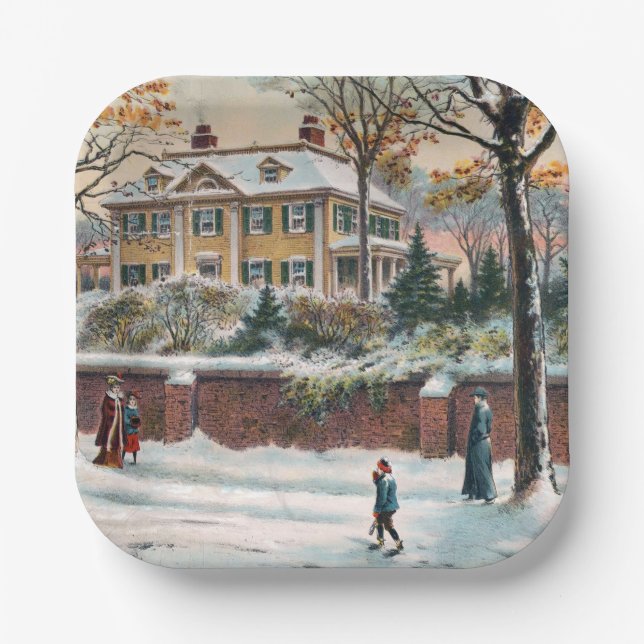 Vintage Winterstraße Frohe Weihnachten Pappteller (Vorderseite)
