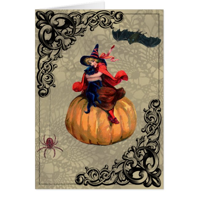 Vintage Witch on Pumpkin Klebemasse Greeting Card (Vorne)