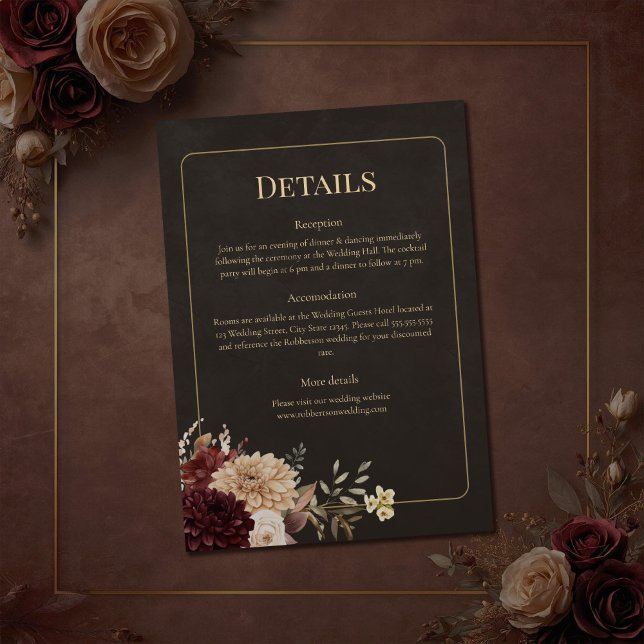 Vintage Witchy Floral Wedding Details Card Einladung (Vintage Witchy Floral Wedding Details Card on a brown vintage wedding table with flowers)