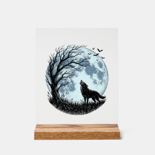 Vintage-Wolf-Heulender-Mond-Baum-Silhouette-Design Acrylschild