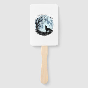 Vintage-Wolf-Heulender-Mond-Baum-Silhouette-Design Fächer