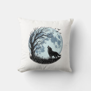 Vintage-Wolf-Heulender-Mond-Baum-Silhouette-Design Kissen