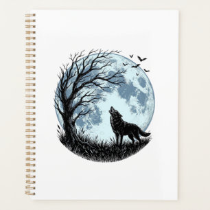Vintage-Wolf-Heulender-Mond-Baum-Silhouette-Design Planer