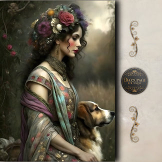 Vintage Woman Dog Portrait Decoupage Seidenpapier