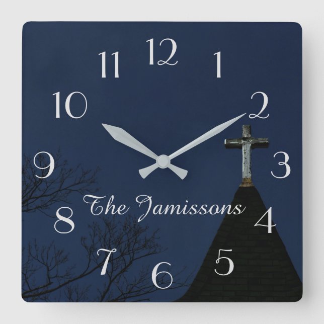Vintage Wooden Cross, Clock, Personalized Quadratische Wanduhr (Vorderseite)