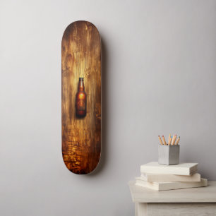 Vintage wooden skateboard with beer