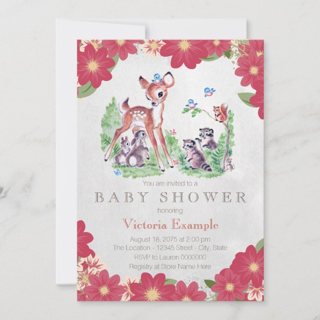 Vintage Woodland Babydusche Einladung (Vorderseite)