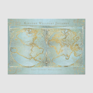 Vintage World Map Gold Blue Monogram Name Seidenpapier