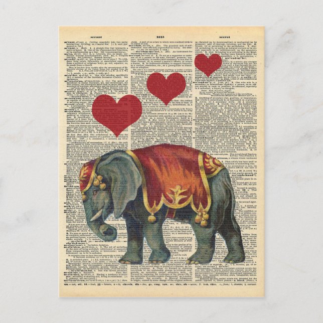 Vintage Wörterbuchkunstzirkus Elephant-Liebe Postkarte (Vorderseite)