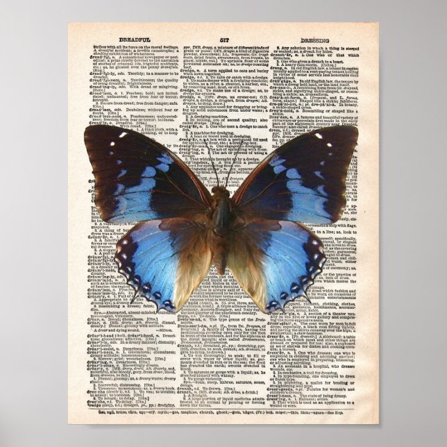 Vintage Wörterbuchseite und blauer Schmetterling Poster (Vorne)