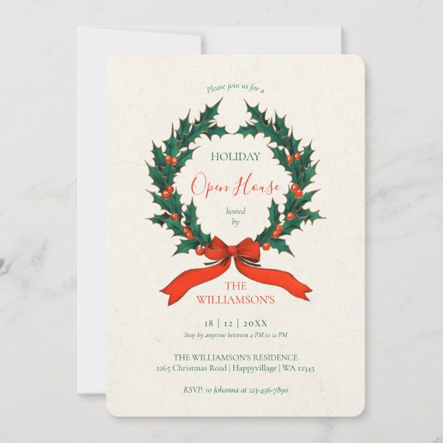Vintage Wreath Christmas Open House Invitation Einladung (Vorderseite)