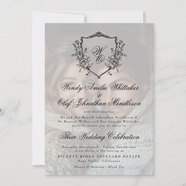 Vintage Wreath Crest Black White Photo Wedding Einladung (Vorderseite)