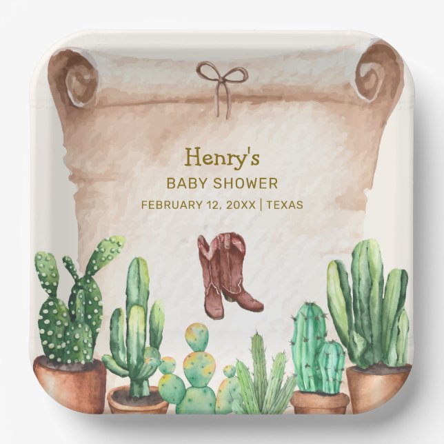 Vintage Wüste Cactus Cowboy Boots Baby Shower Pappteller (Vorderseite)