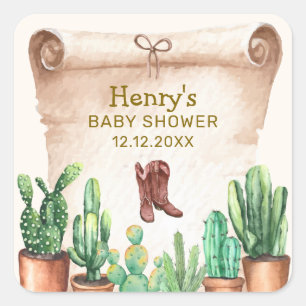 Vintage Wüste Cactus Cowboy Boots Baby Shower Quadratischer Aufkleber