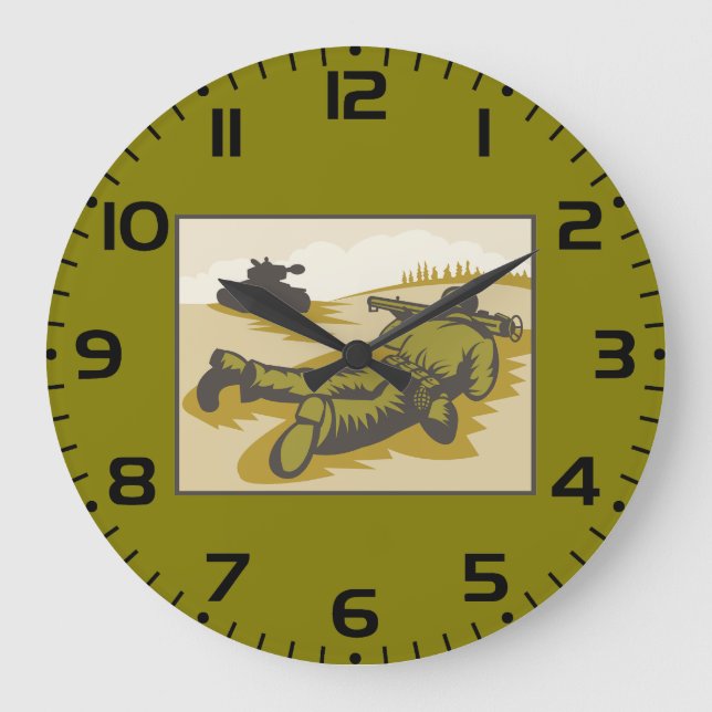 Vintage WW2 Bazooka Soldier and Tank Große Wanduhr (Vorderseite)