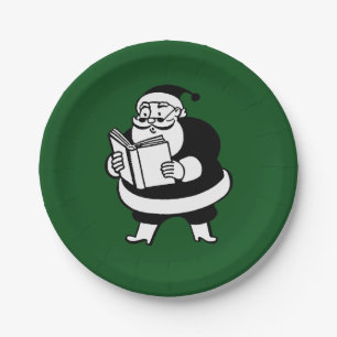 Vintage X-Mas Black & White Reading Santa auf Gree Pappteller