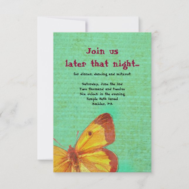 VINTAGE YELLOW BUTTERFLY Bat Mitzvah Party Card Einladung (Vorderseite)