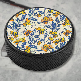 Vintage Yellow Orange Folk Floral Blue Leaf Eishockey Puck