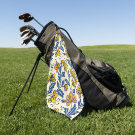 Vintage Yellow Orange Folk Floral Blue Leaf Golfhandtuch