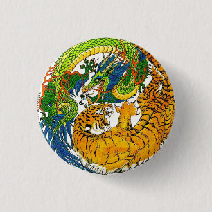 Vintage Yin Yang Dragon Tiger Kunst Button