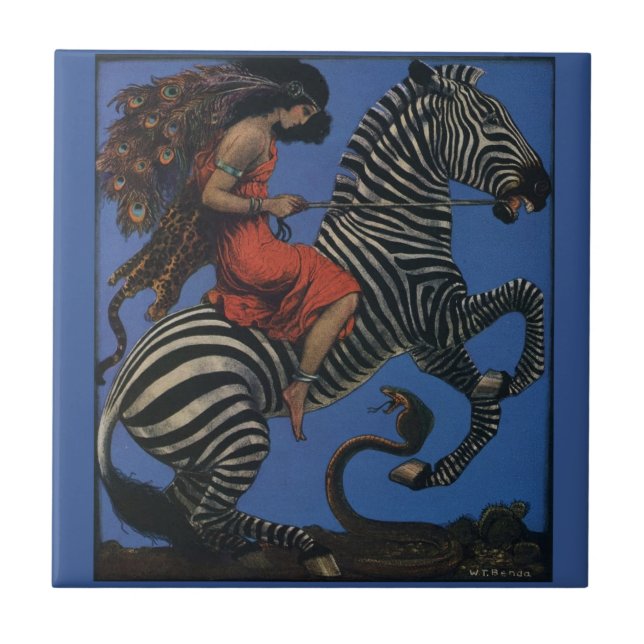 Vintage Zebra Jugendstilfrau Fliese (Vorderseite)
