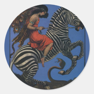 Vintage Zebra Jugendstilfrau Runder Aufkleber