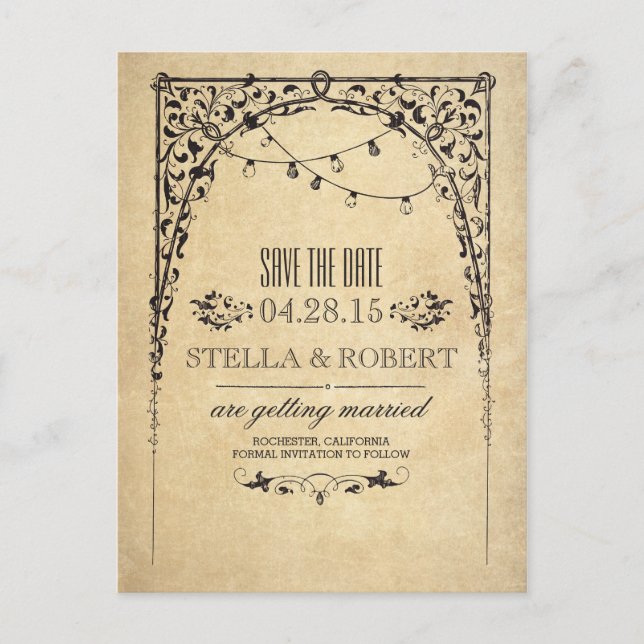 Vintage Zeichenketten Save the Date Ankündigungspostkarte (Vorderseite)