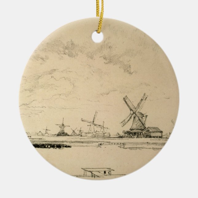Vintage Zeichnung von Windmühlen Keramik Ornament (Vorne)
