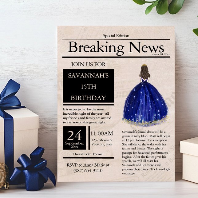 Vintage Zeitung Quinceañera Navy Blue Einladung (Von Creator hochgeladen)