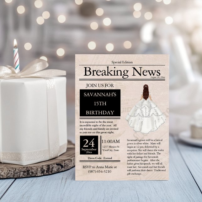 Vintage Zeitung Quinceañera Silver White Einladung (Von Creator hochgeladen)
