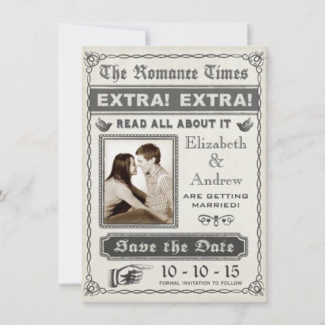 Vintage Zeitung Save the Date Einladung (Vorderseite)