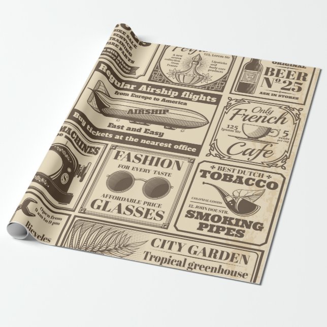 Vintage Zeitungsbanner und Werbeschriften / Geschenkpapier (Ungerollt)