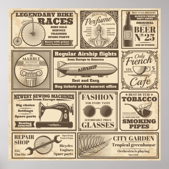 Vintage Zeitungsbanner und Werbeschriften / Poster (Vorne)