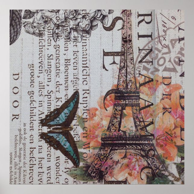 Vintage Zeitungsskripte Paris-Eiffelturm Poster (Vorne)