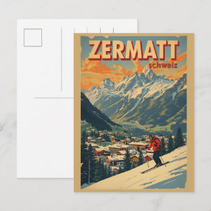 Vintage ZERMATT Skier Schweiz Naturgeschenke Postkarte