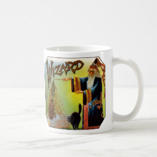 Vintage-Zigarrenetiketten-Kunst, Zauberer mit schw Kaffeetasse