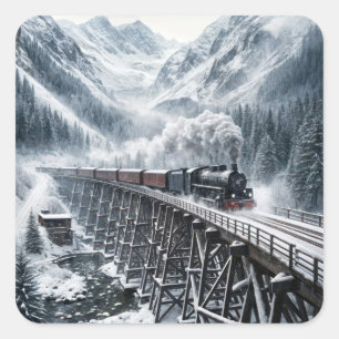 Vintage Zug auf einem hölzernen Trestle im Bergtal Quadratischer Aufkleber