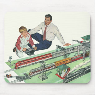 Vintage zum Vatertag, Vater und Sohn mit Zügen Mousepad
