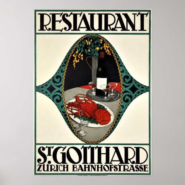 Vintage Zurich Restaurant Publicité Art Déco (Devant)