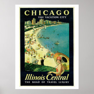 Vintage Zwanzigerjahre Chicago-Strandreiseanzeige Poster
