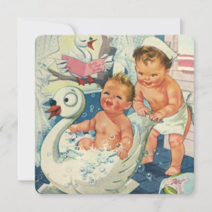 Vintage Zwilling Jungen Schwan Schaumbad Babyparty Einladung