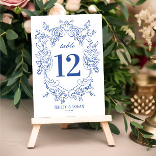 Vintageblaue Hochzeit mit Blumenmuster Tischnummer