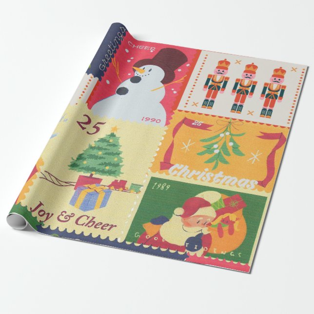 VintageChristmas Postal Stamps  Geschenkpapier (Ungerollt)