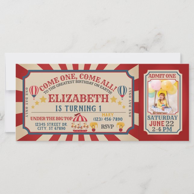 VintageCircus Ticket Einladung zum Geburtstag (Vorderseite)