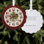 Vintagen 12 Tage Weihnachtszeit Ornament Karte<br><div class="desc">Spaß und festliches Weihnachtsdesign im Vintagen Stil mit bedrängtem Uhrengesicht mit Ziffern,  die mit den Figuren aus den zwölf Tagen Weihnachtslied verziert sind,  mit mittleren Heiligen und Uhren Händen auf rotem Damast.</div>