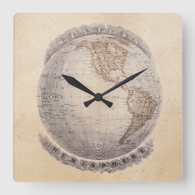 Vintagen 1800er Weltkarte Western Hemisphäre Globe Quadratische Wanduhr (Vorderseite)