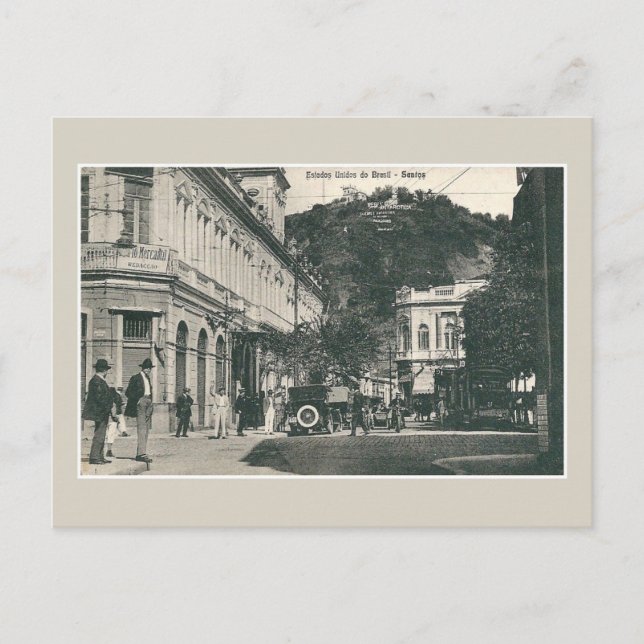 Vintagen 1900er Santos belebte Straßenszene Brasil Postkarte (Vorderseite)