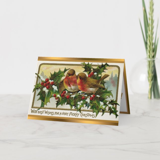 Vintagen 2 Robinen und Weihnachtsmistleton Feiertagskarte (Vorderseite)